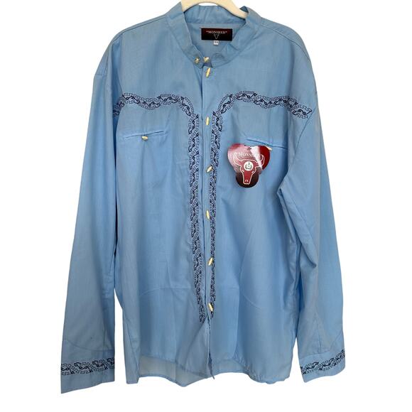 Monsher Western Shirt Blue Size 44 XXL Embroidered Vaqueros Cowboy RARE NEW - Picture 1 of 7